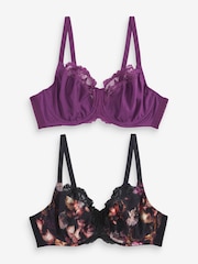 Black Floral Print/Purple DD+ Non Pad Wired Full Cup Microfibre and Lace Bras 2 Pack - Image 6 of 11