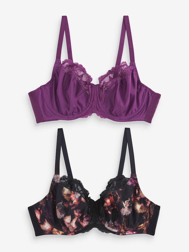 Black Floral Print/Purple DD+ Non Pad Wired Full Cup Microfibre and Lace Bras 2 Pack - Image 6 of 11