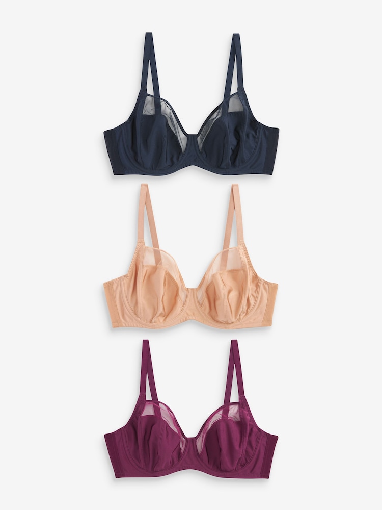Nude/Navy Blue/ Plum Purple DD+ Non Pad Full Cup Bras 3 Pack - Image 5 of 10