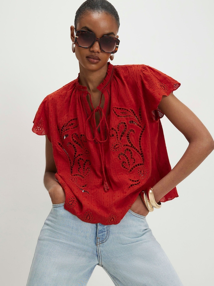 River Island Orange Cutwork Tie Neck Blouse - Image 1 of 4