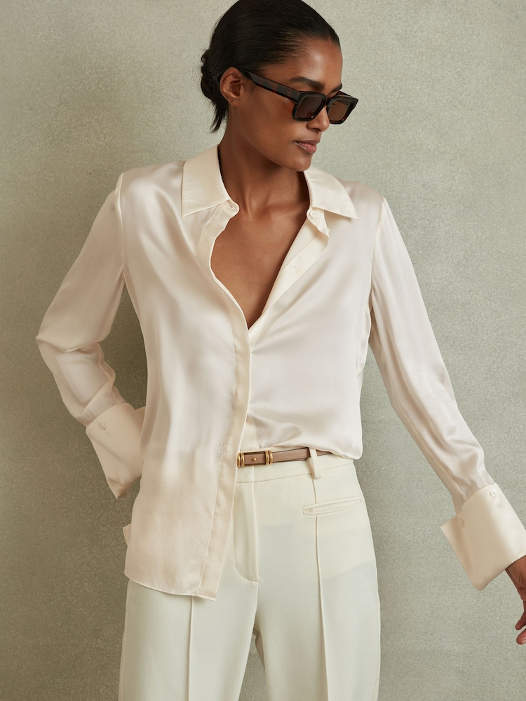 Reiss Ivory Hailey Silk Double-Cuff Button-Through Shirt - Image 1 of 8