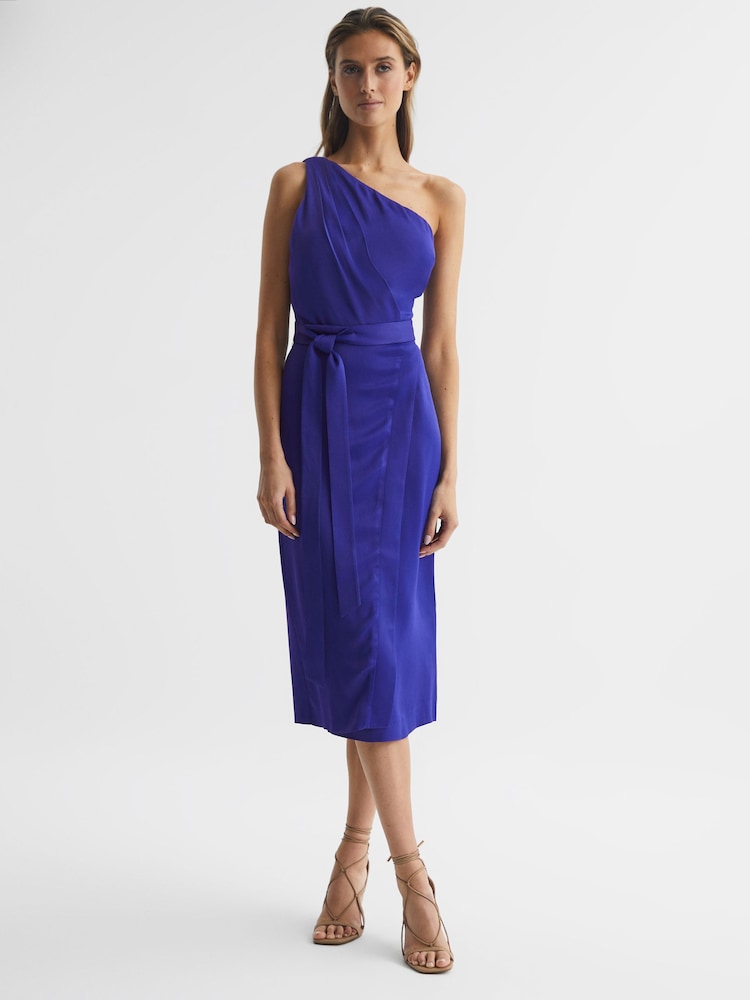 Reiss Purple Flora Off-The-Shoulder Satin Midi Dress - Image 1 of 6