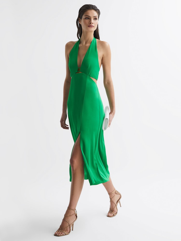 Reiss Green Maia Petite Fitted Halter Neck Midi Dress - Image 1 of 7