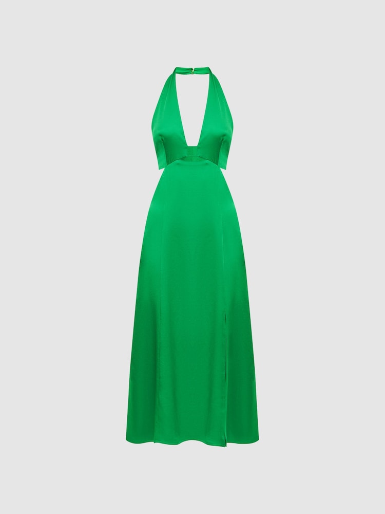 Reiss Green Maia Petite Fitted Halter Neck Midi Dress - Image 2 of 7