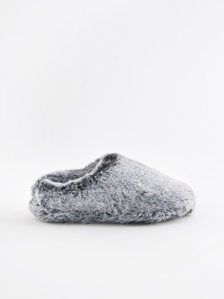 Grey Warm Lined Faux Fur Mule Slippers - Image 2 of 5