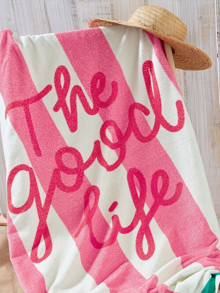Joules Pink The Good Life Beach 100% Cotton Towel - Image 2 of 3