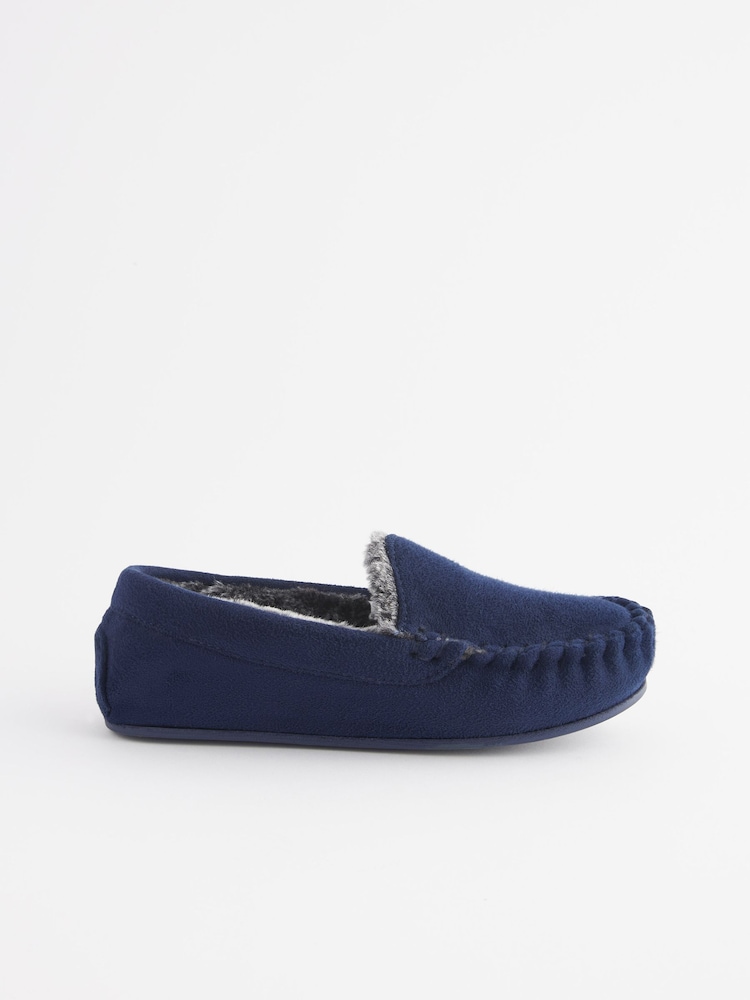 Navy Blue Cosy Moccasin Slippers - Image 2 of 5 Navy Blue Cosy Moccasin Slippers - Image 2 of 5