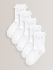 White 5 Pack Cotton Rich Cushioned Sole Ruffle Ankle School Socks - Image 1 of 2