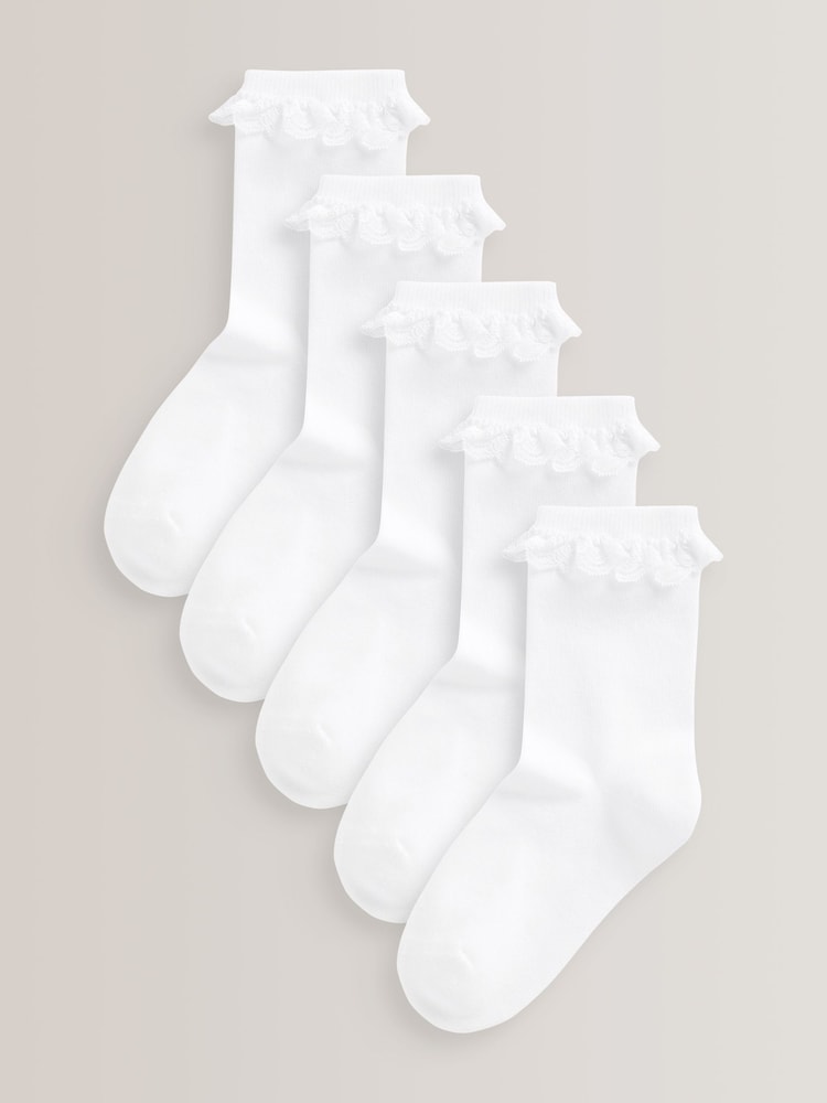 White 5 Pack Cotton Rich Cushioned Sole Ruffle Ankle School Socks - Image 1 of 2