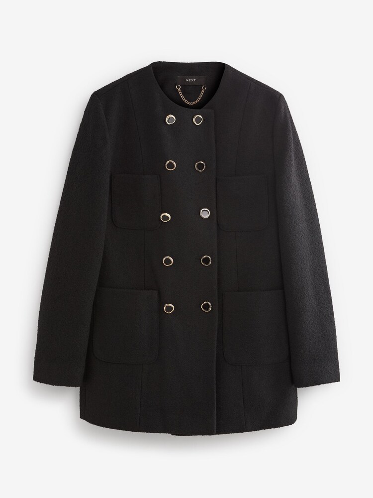 Black Collarless Bouclé Coat - Image 1 of 4
