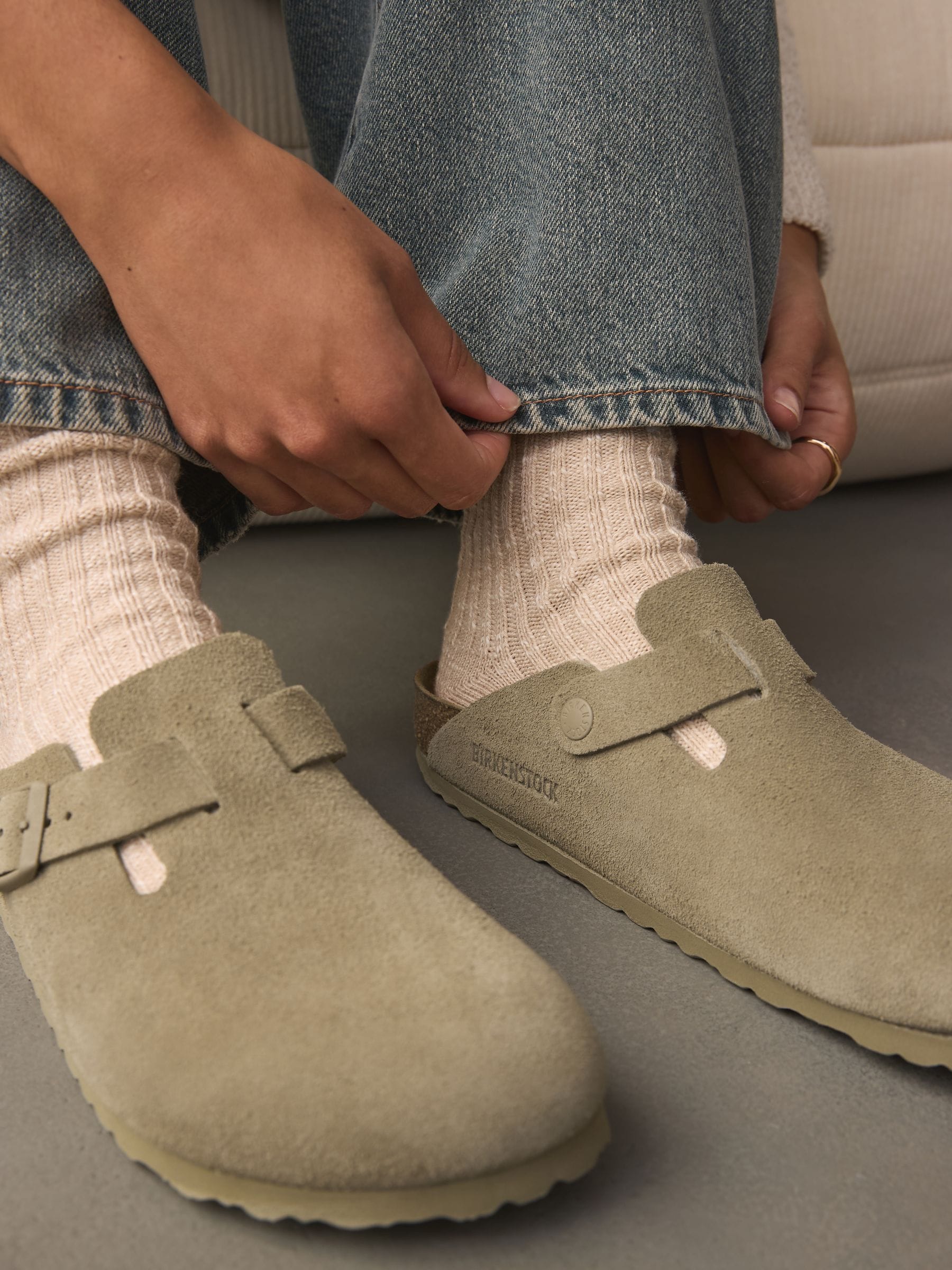 Khaki Birkenstock Boston Suede Clogs