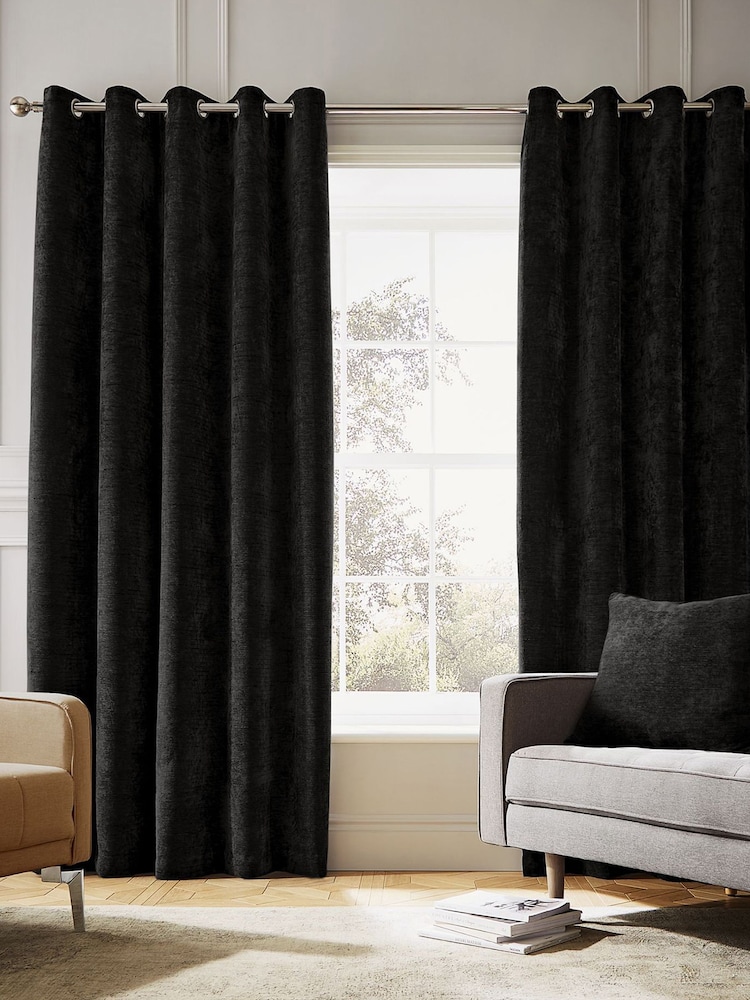 Hyperion Black Selene Luxury Chenille Weighted Thermal Lined Eyelet Curtains - Image 2 of 4