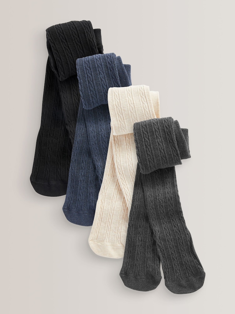 Black/Charcoal Grey/Navy Blue/Cream Cotton Rich Cable TIghts 4 Pack - Image 1 of 5
