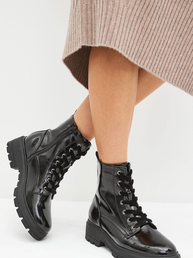 Black Textured Patent - Forever Comfort® Lace-Up Boots - Image 1 of 7