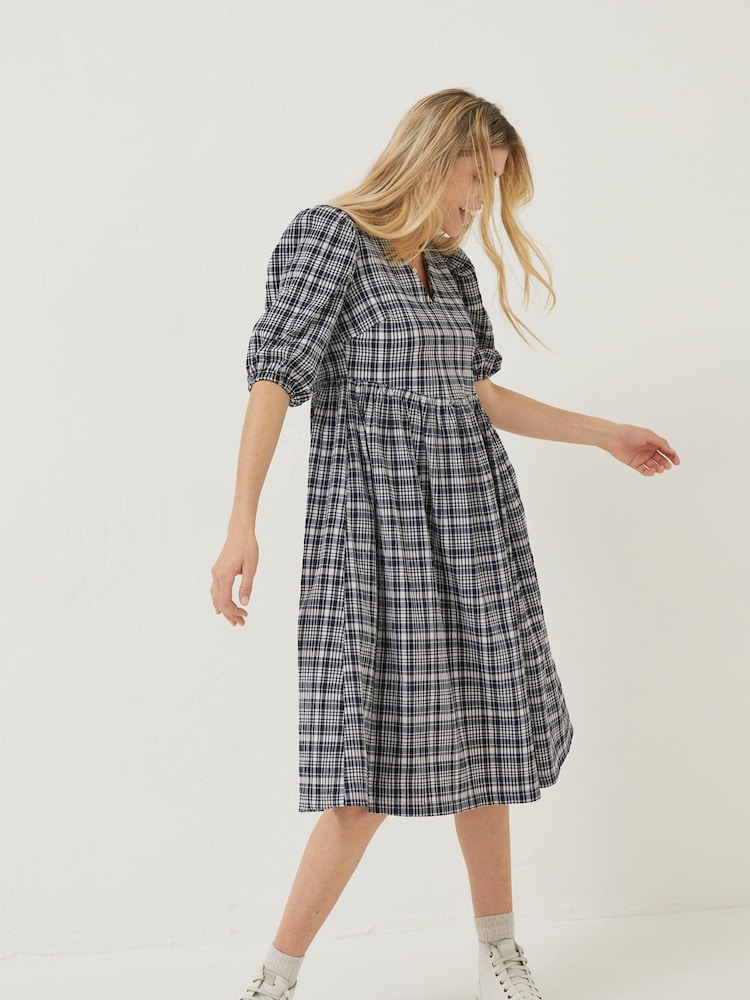 FatFace Blue Hannah Check Midi Dress - Image 1 of 6