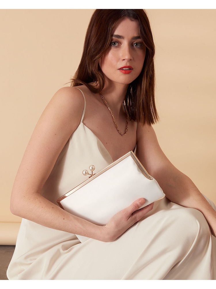 Accessorize Natural Bridal Pearl Clasp Satin Clutch Bag - Image 1 of 3
