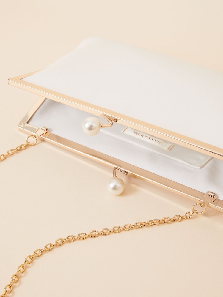 Accessorize Natural Bridal Pearl Clasp Satin Clutch Bag - Image 3 of 3 Accessorize Natural Bridal Pearl Clasp Satin Clutch Bag - Image 3 of 3