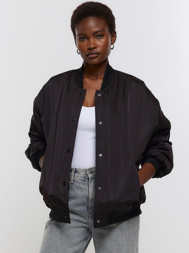 River Island Black Casual Easy Bomber Jacket - Image 1 of 5 River Island Black Casual Easy Bomber Jacket - Image 1 of 5