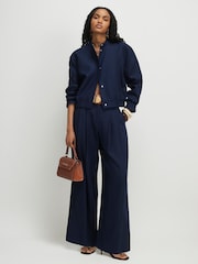 River Island Blue Belted Linen Look Wide Leg Trousers - Image 1 of 4