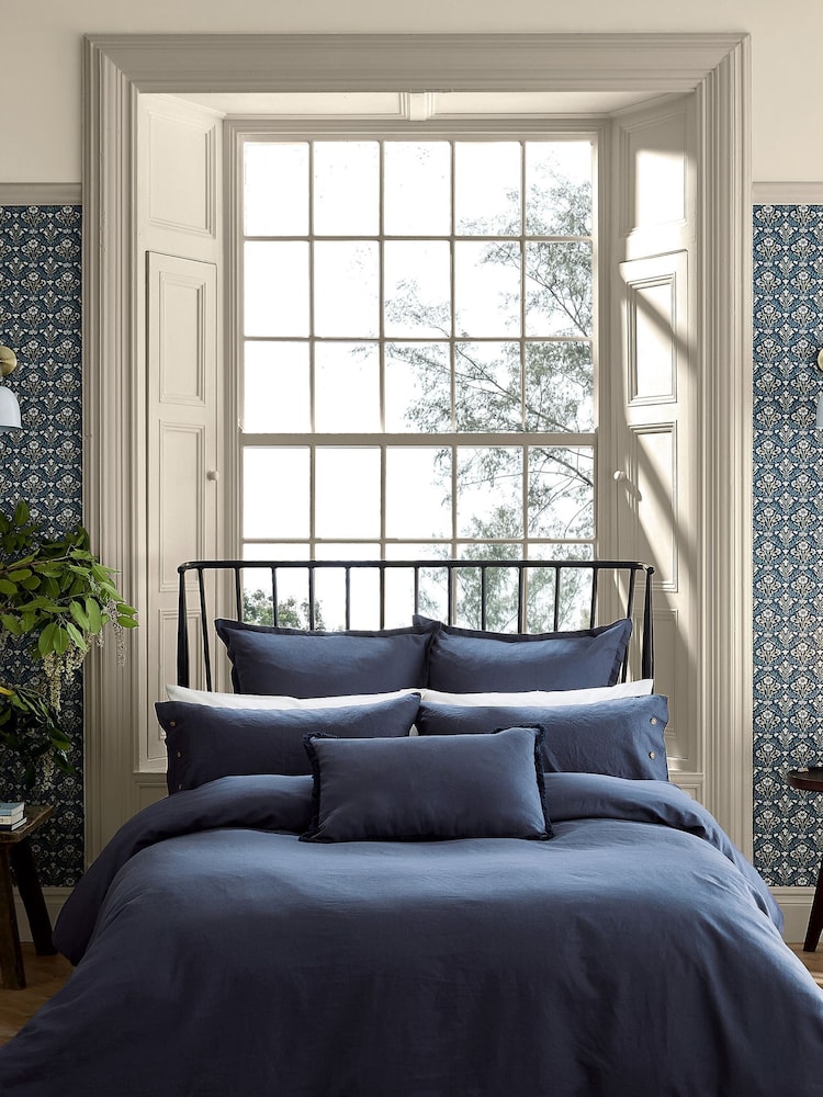 Morris & Co Blue Linen Cotton Bed Housewife Pillowcase - Image 1 of 4 Morris & Co Blue Linen Cotton Bed Housewife Pillowcase - Image 1 of 4