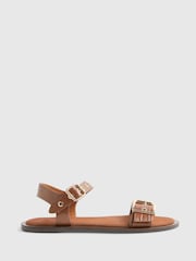 River Island Brown Leather Buckle Detail Flat Sandals - Image 1 of 5
