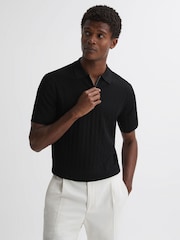 Reiss Black Ubud Half-Zip Textured Polo T-Shirt - Image 1 of 5