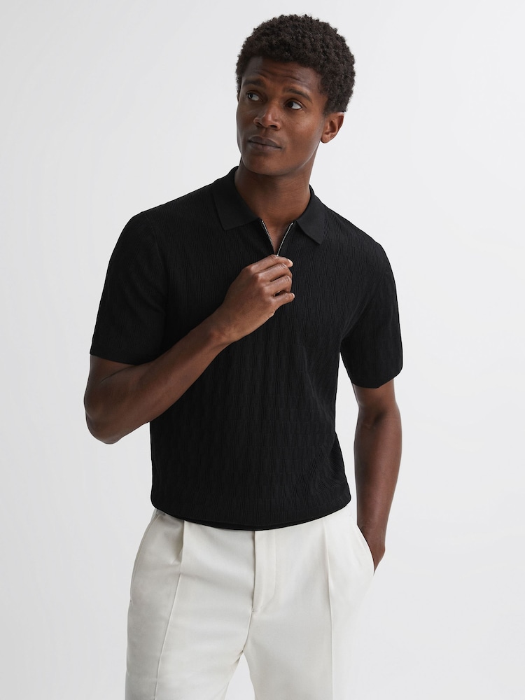 Reiss Black Ubud Half-Zip Textured Polo T-Shirt - Image 1 of 5