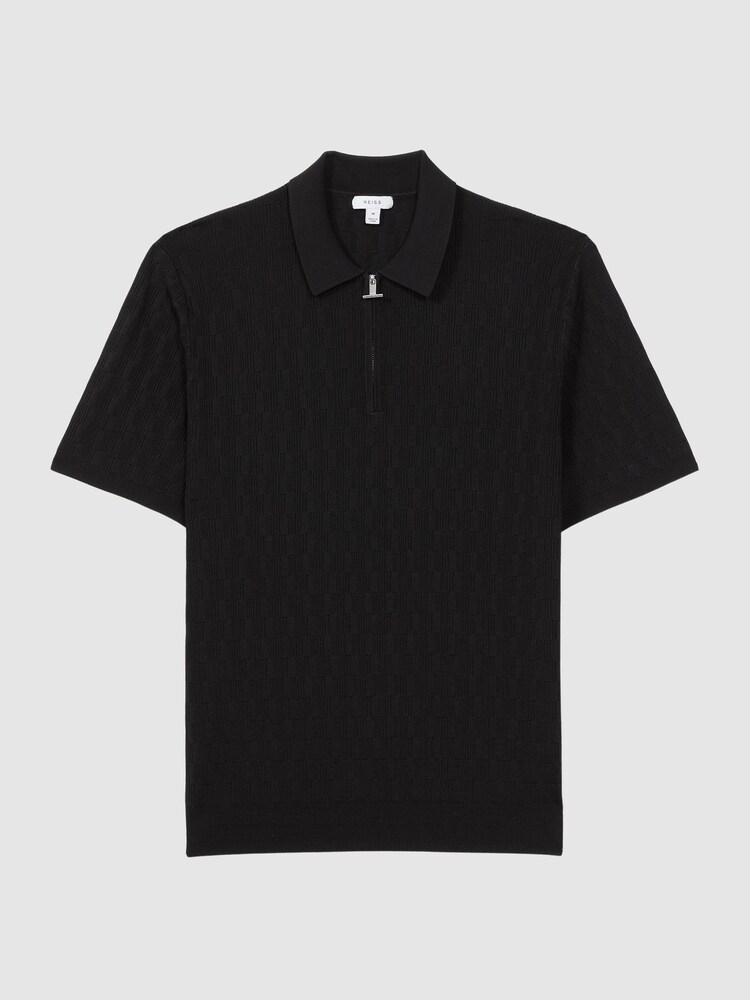 Reiss Black Ubud Half-Zip Textured Polo T-Shirt - Image 2 of 5