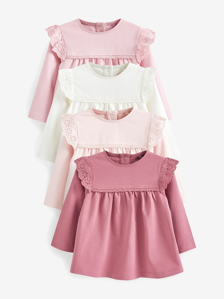 Pink/White Broderie Baby Long Sleeve Tops 4 Pack - Image 1 of 3