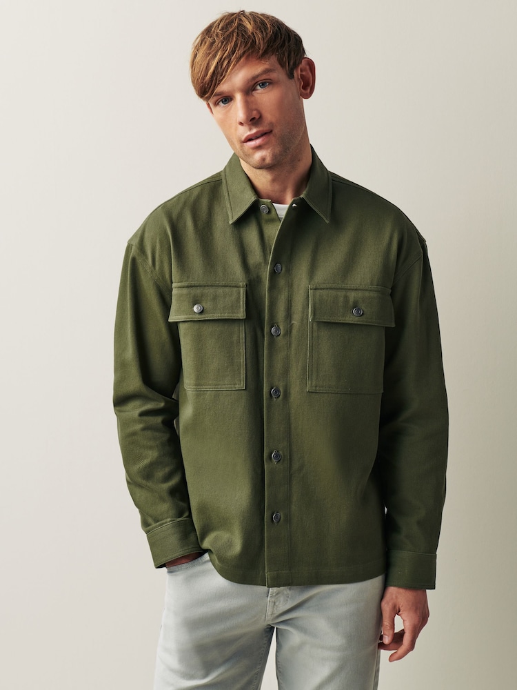 Khaki Green 100% Cotton Twin Pocket Shacket Overshirt - Image 1 of 10