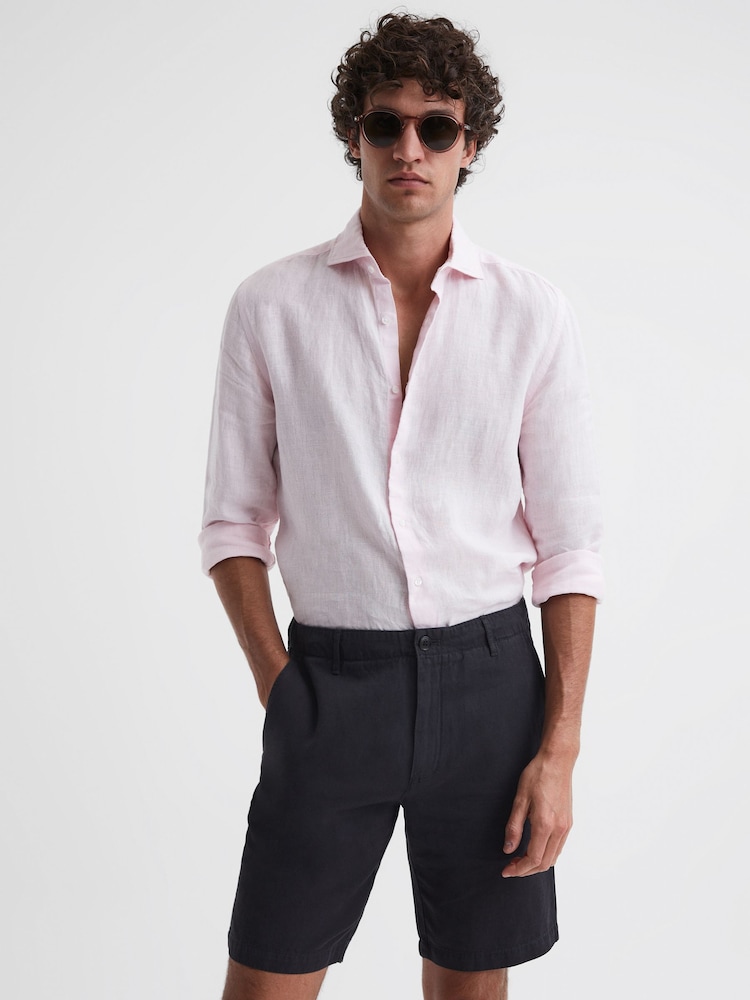 Reiss Navy Ezra Cotton-Linen Blend Shorts - Image 1 of 5