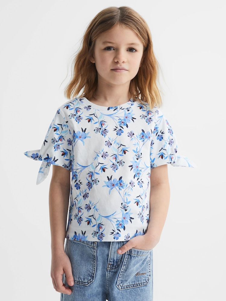 Reiss Blue Print Tally Printed Cotton T-Shirt - Image 1 of 7