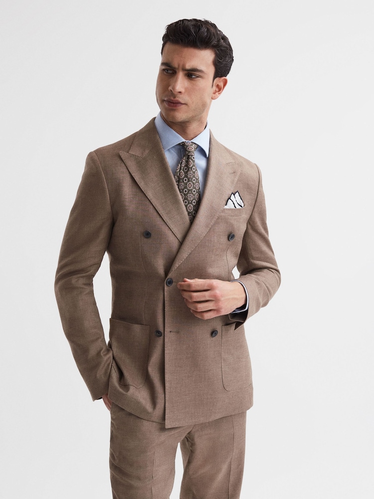 Reiss Tobacco Paddock Slim Fit Double Breasted Twill Blazer - Image 1 of 7 Reiss Tobacco Paddock Slim Fit Double Breasted Twill Blazer - Image 1 of 7