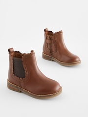 Tan Brown Leather Wide Fit (G) Scallop Chelsea Boots - Image 1 of 5