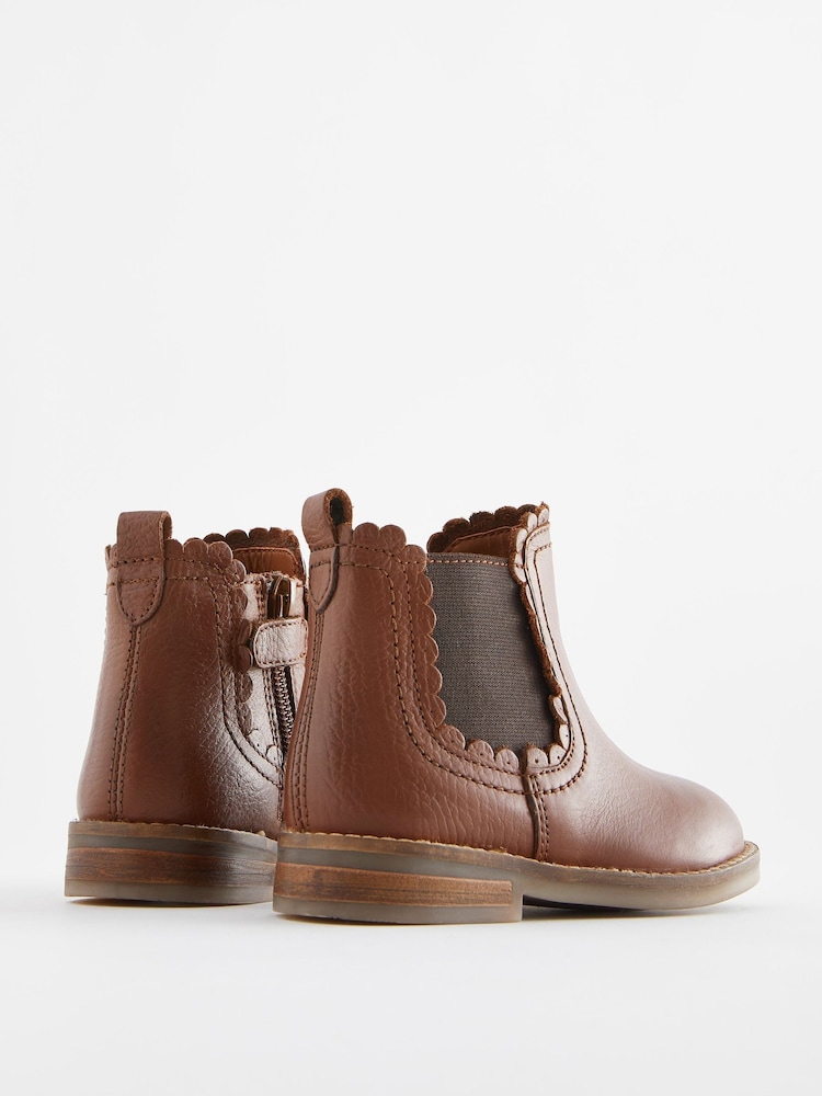 Tan Brown Leather Wide Fit (G) Scallop Chelsea Boots - Image 2 of 5
