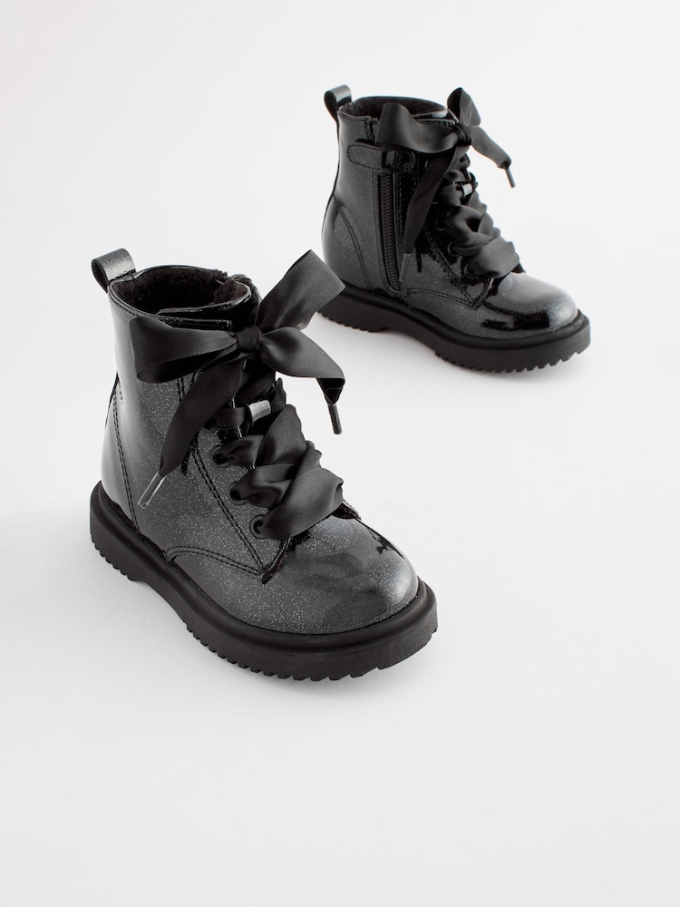 Black Patent Standard Fit (F) Warm Lined Lace-Up Boots - Image 1 of 6