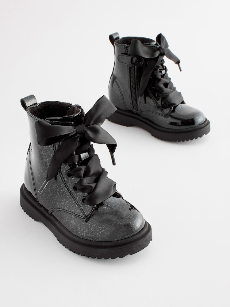 Black Patent Wide Fit (G) Warm Lined Lace-Up Boots - Image 1 of 6