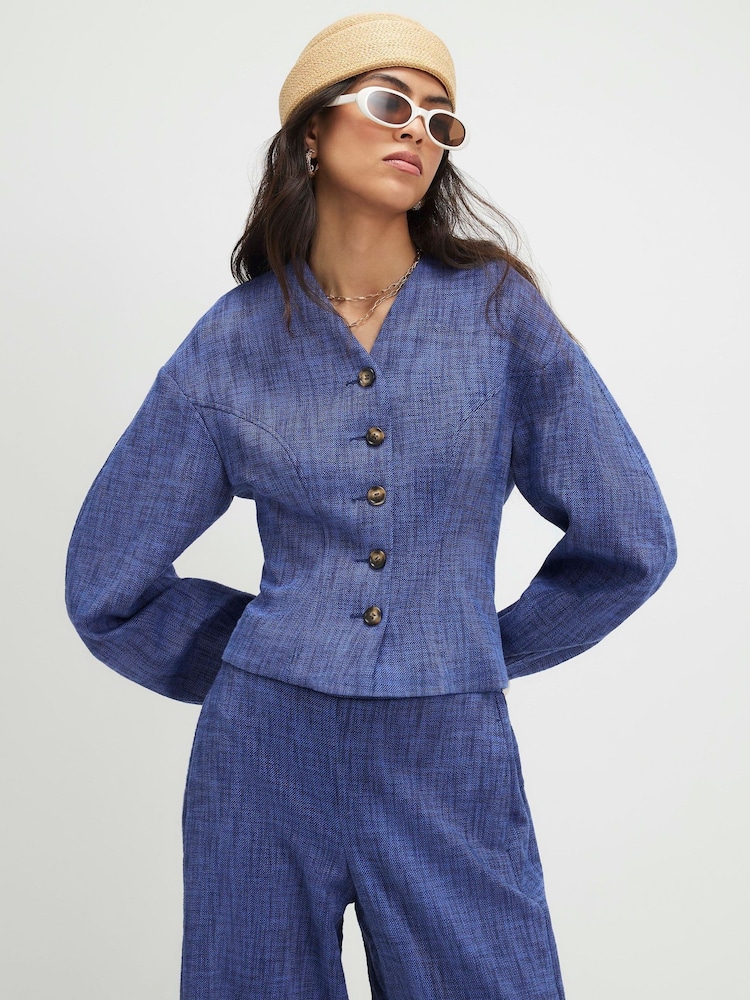River Island Blue Linen Look Cocoon Sleeve Seamed Jacket - Image 1 of 4 River Island Blue Linen Look Cocoon Sleeve Seamed Jacket - Image 1 of 4
