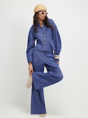 River Island Blue Linen Look Cocoon Sleeve Seamed Jacket - Image 3 of 4