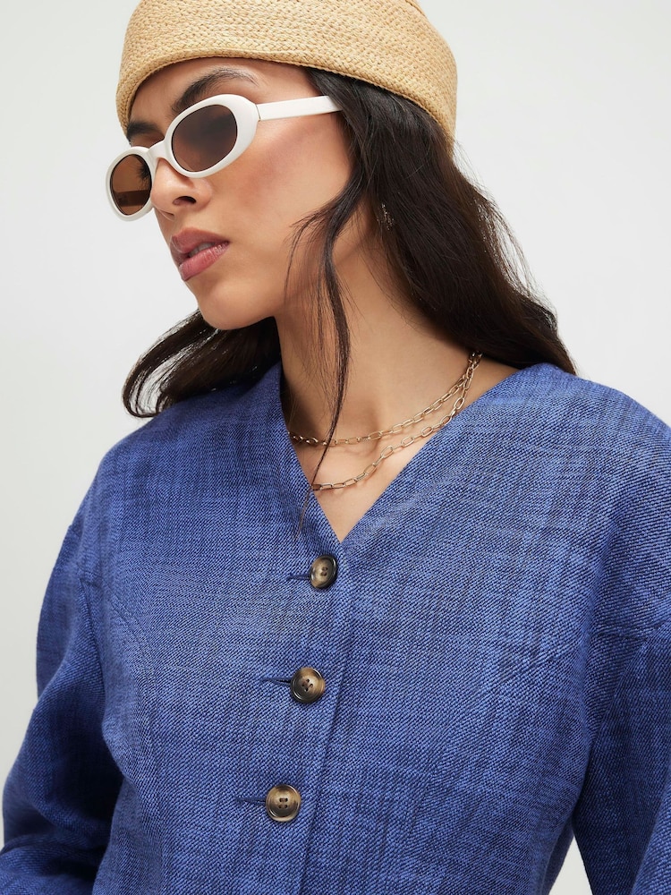 River Island Blue Linen Look Cocoon Sleeve Seamed Jacket - Image 4 of 4 River Island Blue Linen Look Cocoon Sleeve Seamed Jacket - Image 4 of 4