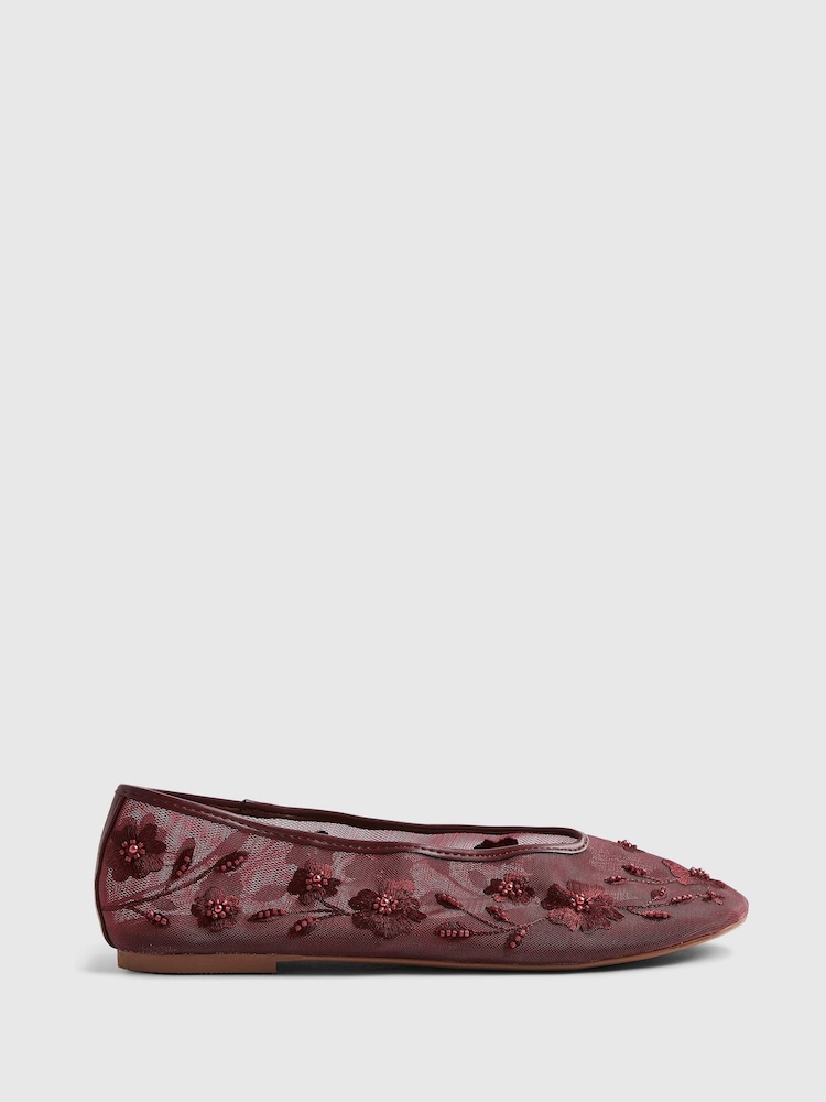 River Island Red Floral Embroidered Mesh Ballet Pumps - Image 1 of 5 River Island Red Floral Embroidered Mesh Ballet Pumps - Image 1 of 5