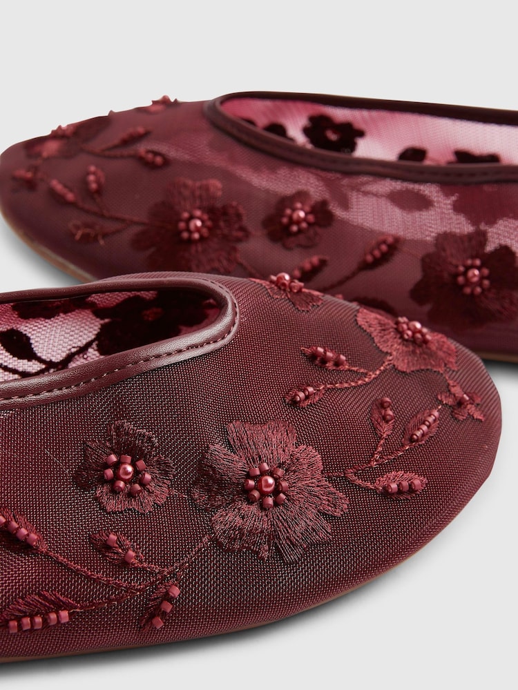 River Island Red Floral Embroidered Mesh Ballet Pumps - Image 5 of 5 River Island Red Floral Embroidered Mesh Ballet Pumps - Image 5 of 5