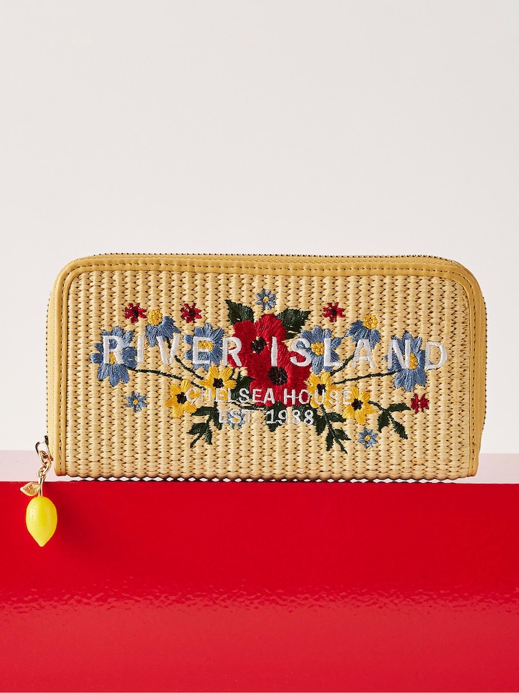 River Island Brown Floral Embroidery Raffia Purse - Image 1 of 5