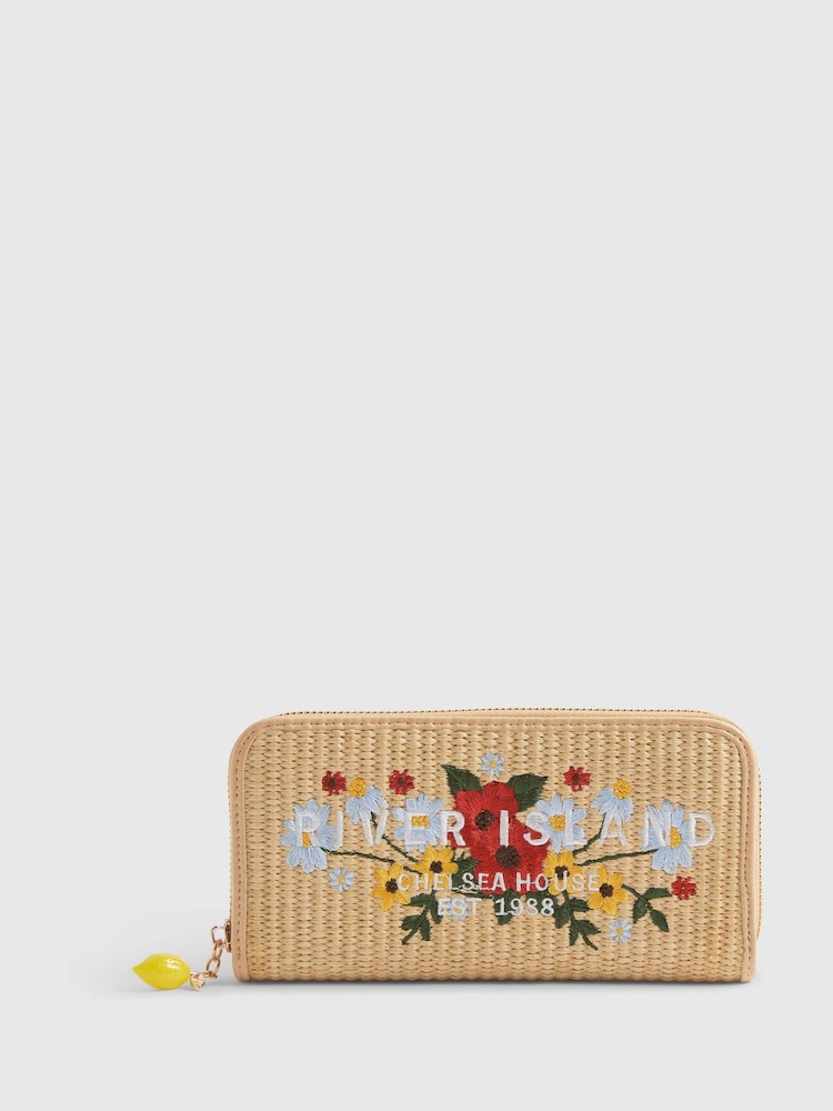 River Island Brown Floral Embroidery Raffia Purse - Image 2 of 5