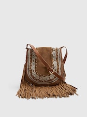 River Island Brown Suede Embroidered Fringe Cross Body Bag - Image 1 of 6