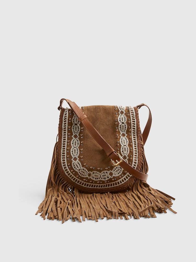 River Island Brown Suede Embroidered Fringe Cross Body Bag - Image 1 of 6 River Island Brown Suede Embroidered Fringe Cross Body Bag - Image 1 of 6