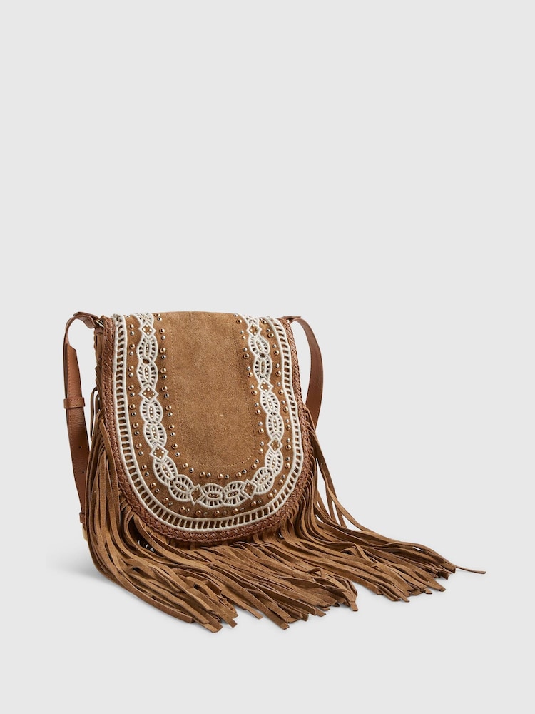 River Island Brown Suede Embroidered Fringe Cross Body Bag - Image 2 of 6 River Island Brown Suede Embroidered Fringe Cross Body Bag - Image 2 of 6