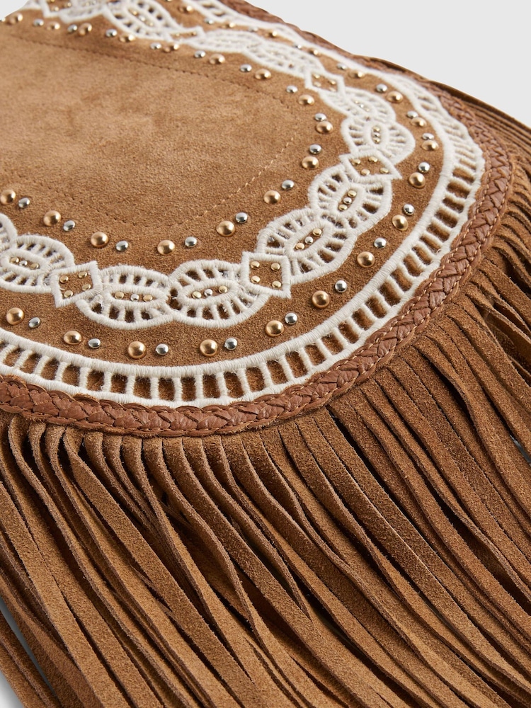 River Island Brown Suede Embroidered Fringe Cross Body Bag - Image 6 of 6 River Island Brown Suede Embroidered Fringe Cross Body Bag - Image 6 of 6