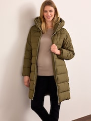 Khaki Green Maternity Padded Shower Resistant Hooded Coat With Zip-Out Panel - Image 1 of 8
