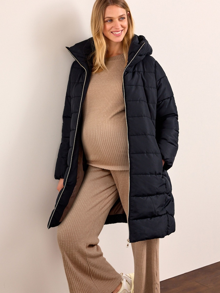 Black Maternity Padded Shower Resistant Hooded Coat With Zip-Out Panel - Image 1 of 5
